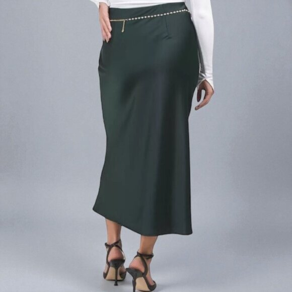 NWT Rachel Zoe Green Satin Slip Midi Skirt with Pearl Chain - Picture 5 of 7